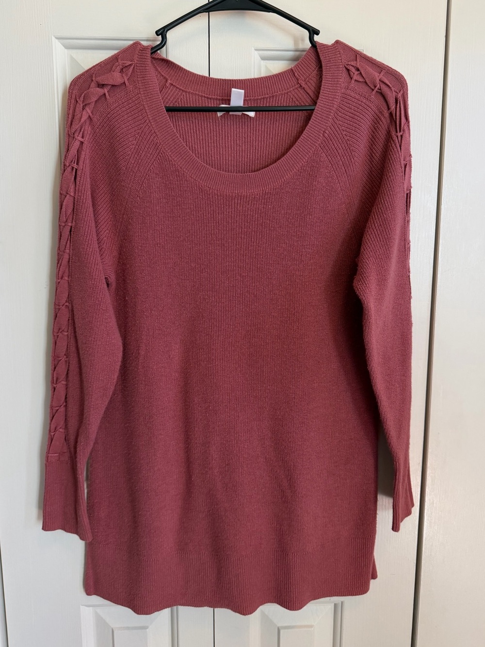 LC Lauren Conrad Rose Mauve Crewneck Sweater with Lace-Up detail.